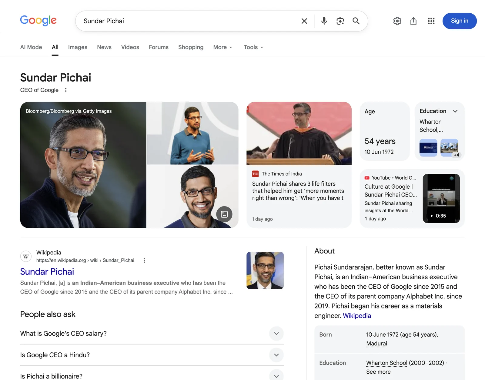 Google search results page for Sundar Pichai &mdash; CEO of Google