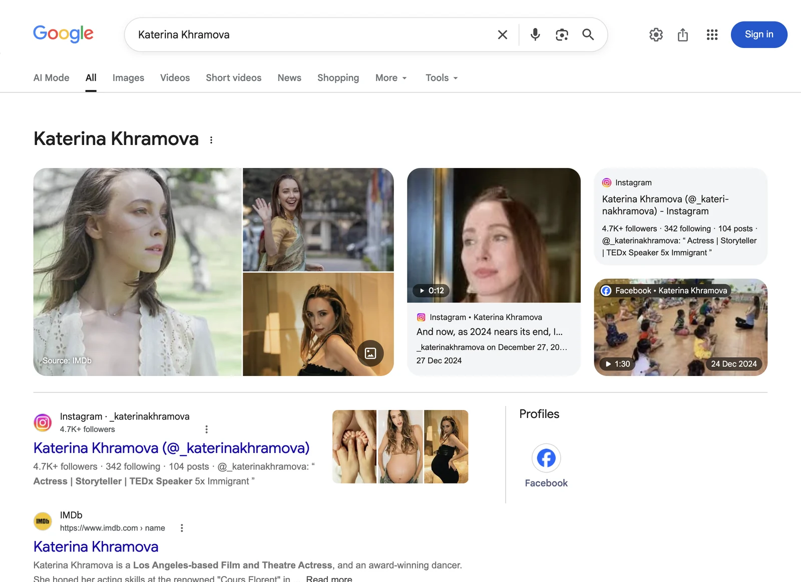 Google search result page for Katerina Khramova, showing the knowledge panel Google displays for that name