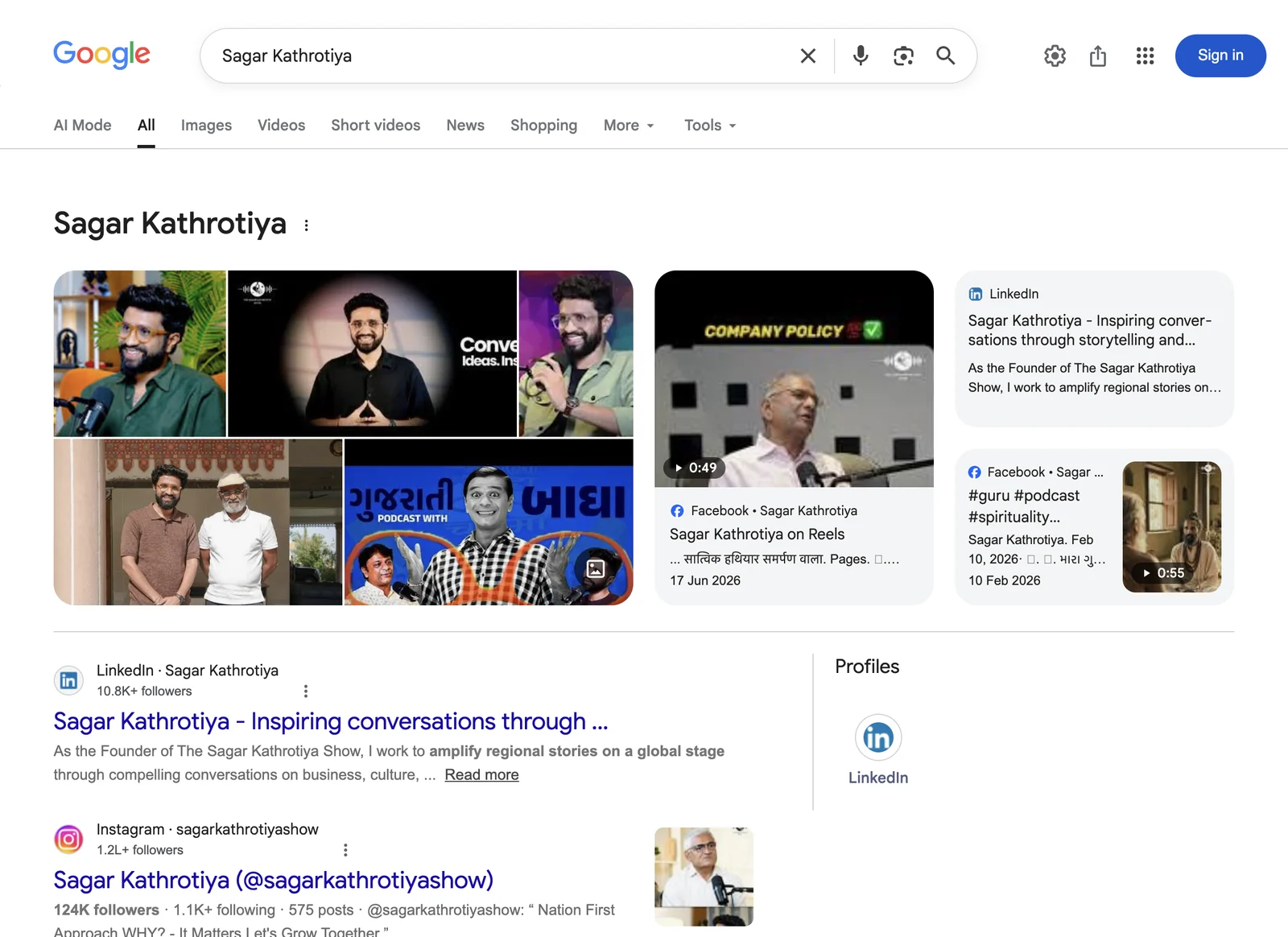 Google search result page for Sagar Kathrotiya, showing the knowledge panel Google displays for that name