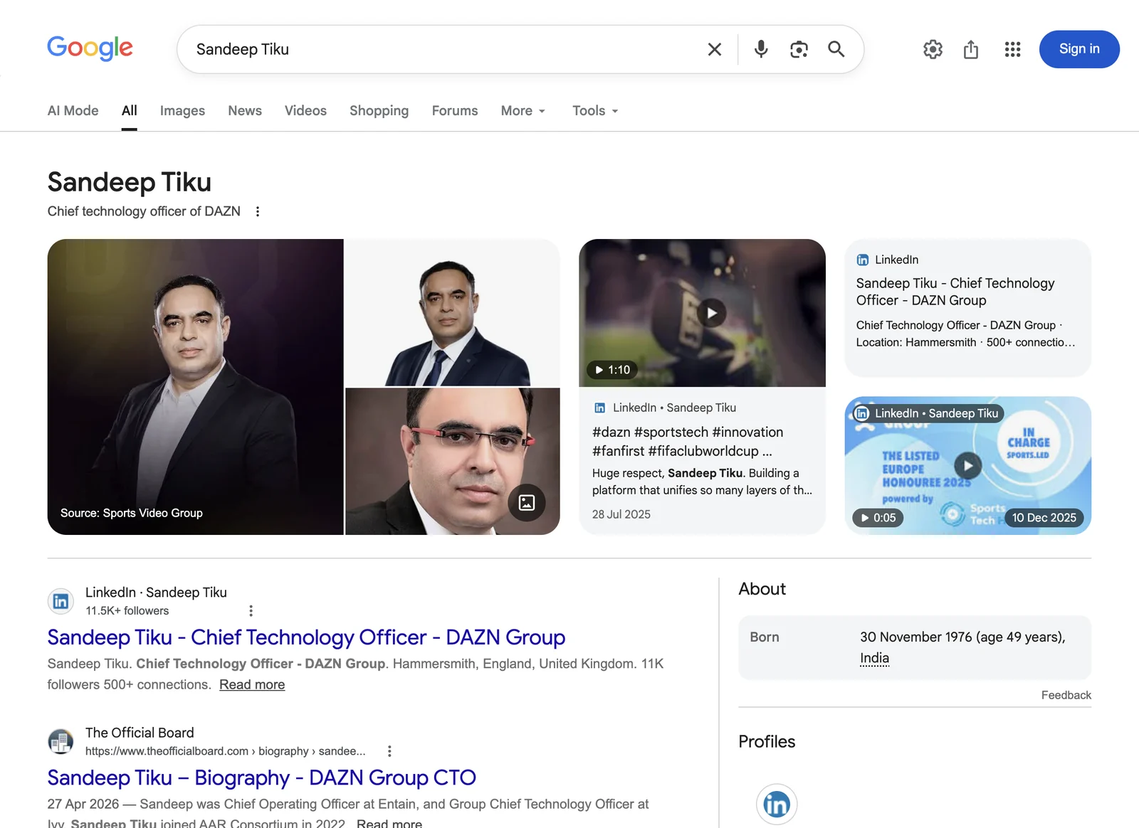 Google search result for Sandeep Tiku showing a claimable knowledge panel with a three-dot menu beside the description